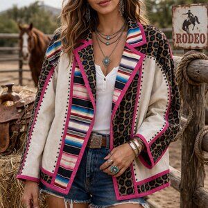 Crazy‎ Train Serape Leopard Jacket 3XL Studded Boho Western Rodeo Chic Bold